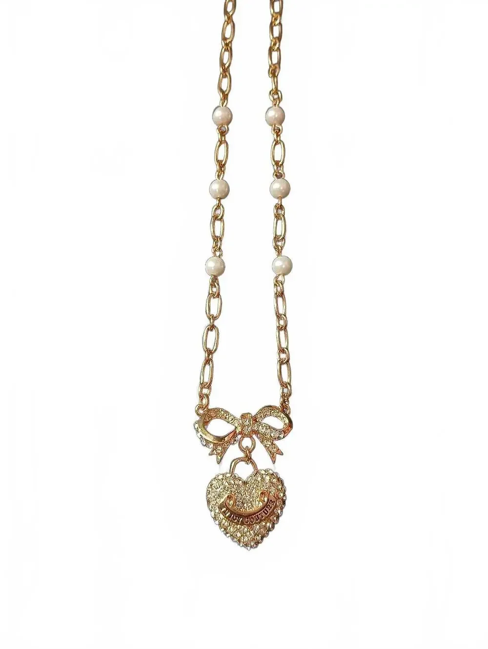 Juicy Couture Bow Heart Pearl Rhinestone Gold Tone Necklace Y2K McBling
